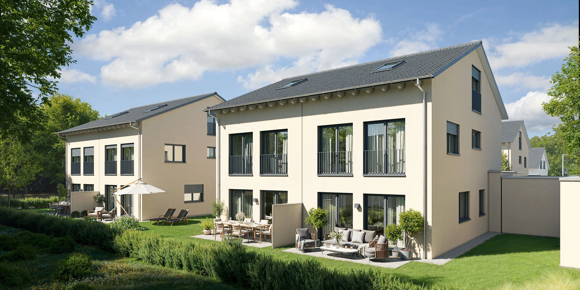 2 Doppelhäuser Gartenseite Visualisierung