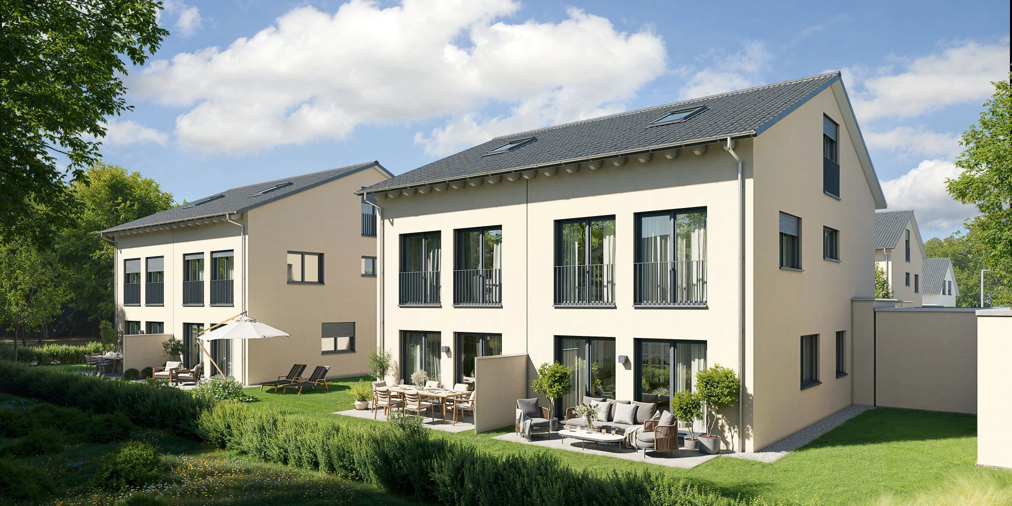 2 Doppelhäuser Gartenseite Visualisierung