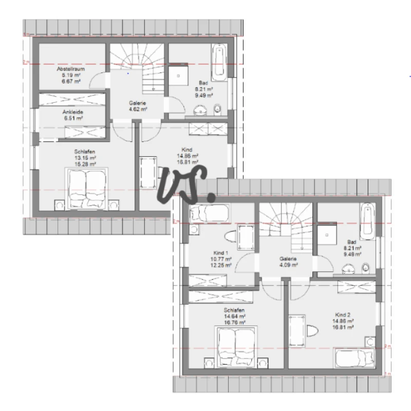 Auswahl zwischen zwei Obergeschoss Grundrissen