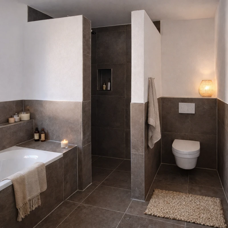 Badezimmer - offene Dusche, Badewanne & WC